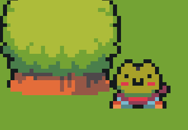 Pixel-art frog hero standing on the grass beside a tree.