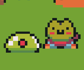 A green pixel-art slime beside the frog hero on the grass.