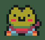 A cheerful pixel-art frog hero wearing a mask.