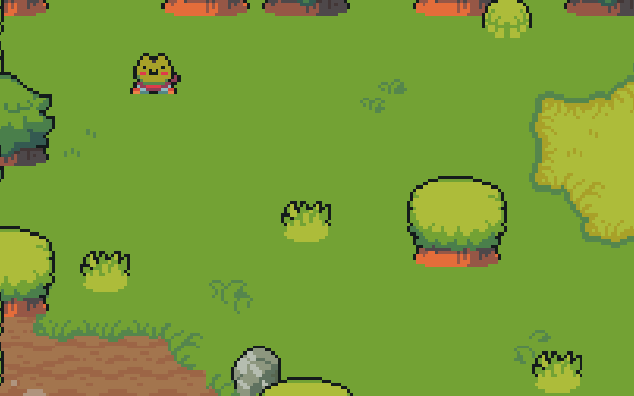 Animated clip of the hero walking through grass tufts, slipping behind a tuft when walking up and standing in front when walking down.