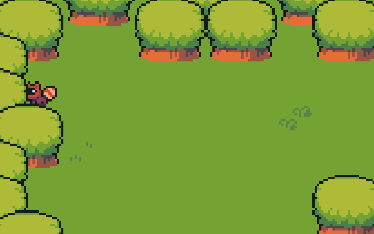 Animated clip of a racoon scampering around the forest clearing, dashing from tree to tree and pausing now and then.